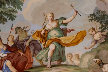 Representações do mito de Diana, de Domenico e Giuseppe Valeriani, fresco, teto abobadado do quarto, apartamento do rei, residência de caça, de Filippo Juvarra (1678-1736), Stupinigi, Piemonte, Itália