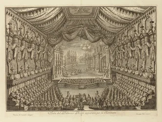 A Actuação de La Serenata no Palácio Real de Nápoles par Vasi, Giuseppe (1710-1782). Gravura em cobre, tamanho : 41,5x62
