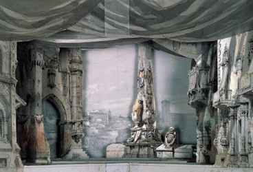 Praça em frente à Catedral de Valladolid, Acto III, Cena IV, cenografia de Charles Campon para Don Carlos de Giuseppe Verdi (1813-1901), actuação em Paris, Salle Le Peletier Opera House, 11 de Março