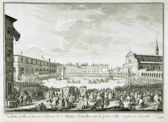 A festa de Corsa dei Cocchi na Piazza Santa Maria Novella. A festa de Corsa dei Cocchi na praça da Igreja de Santa Maria Novella em Florença. Desenho de Giuseppe Zocchi (1711-1767). Florença, Biblioteca Riccardiana.