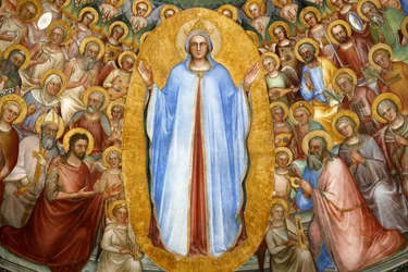 O Batistério de Pádua. Afrescos no teto do século XIV de Giusto de Menabuoi. O Paraíso. Virgem Maria com patriarcas, profetas e santos. Pormenor. Pádua. Itália. (foto)