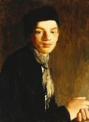 Um jovem, em meio-corpo, com chapéu preto e lenço ao pescoço, c. 1911