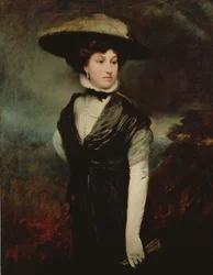 Retrato de Amy Bird, a atriz, de pé três quartos de comprimento, em preto, uma paisagem além, c.1909
