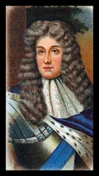 JAMES II (1633-1701) rei da Grã-Bretanha e da Irlanda 1685-88; fugiu para França depois de Guilherme de Orange (Guilherme III) ter desembarcado em Torbay. Cartão cromolitográfico segundo o retrato de Godfrey Kneller