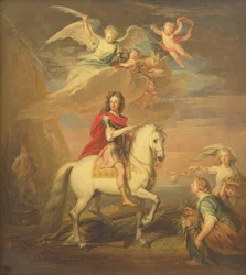 William III em um carregador cinza observado por Netuno, Ceres e Flora. Mercúrio no céu e Astrea