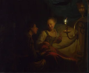 Uma cena à luz de velas. Um homem oferecendo uma corrente de ouro e moedas para uma garota sentada em uma cama, c. 1665-1667