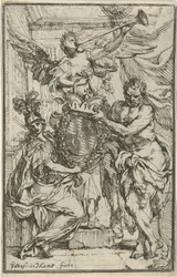 Minerva, Hércules e Fama com brasão