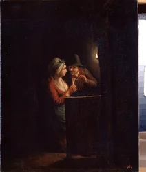 Um homem e uma mulher à luz de velas. Pintura de Godfried Cornelisz Schalcken (1643-1706). Óleo sobre tela, 31 x 25 cm. Arte holandesa, arte barroca. State Open Air Museum Palace Gatchina, São Petersburgo.