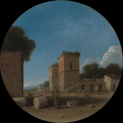 Uma paisagem romana com figuras, provavelmente da década de 1630.