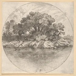 Paisagem com árvores pela água.nd