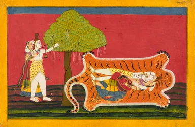 Shiva e Parvati em uma pele de tigre: Anakul Nayaka folio de um Rasamanjari, ca. 1710 - ca. 1715.