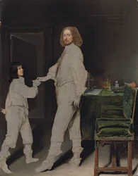 Retrato de um homem, corpo inteiro, entregando uma carta a um menino, no interior
