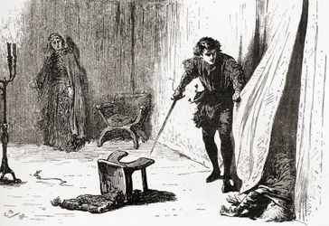 Uma cena de William Shakespeares interpreta Hamlet, Ato III, Cena 4, Hamlet: Desafortunado, imprudente, idiota intruso, adeus! Eu te tirei para o teu melhor, das obras de William Shakespeare, publicado 189
