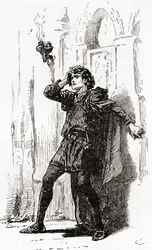 Uma cena de William Shakespeares toca Hamlet, Ato I, Cena 5, Hamlet: Lembra-te de ti! Ah, tu pobre fantasma, enquanto a memória ocupa um lugar neste globo distraído, de The Works of William Shakespeare, pu