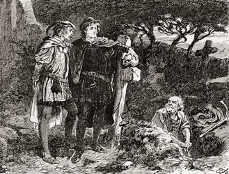 Uma cena de William Shakespeare interpreta Hamlet, Ato V, Cena 1, Hamlet: Eu o conheço, Horatio, um sujeito de gracejo infinito, da mais excelente fantasia, de The Works of William Shakespeare, publicado em 1896 (e