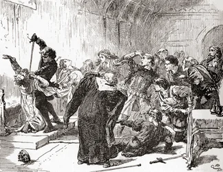 Uma cena de William Shakespeares toca Hamlet, Ato V, Cena 2, Hamlet: O ponto de ataque também! Então, veneno, para o teu trabalho. (Stabs the king), de Os Trabalhos de William Shakespeare, publicado em 1896 (engrav