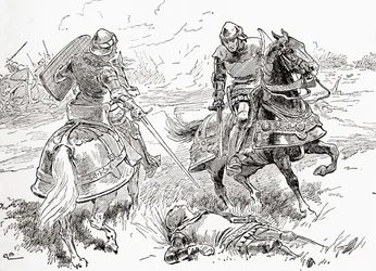 Uma cena de William Shakespeares tocar King Henry IV, Parte 1, Act V, Cena 3, Conde de Douglas: Alls feito, alls ganhou, aqui sem fôlego reside o rei, de The Works of William Shakespeare, publicado em 1896
