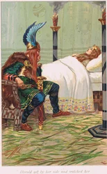 Harald sentou-se ao lado dela e observou-a, ilustração de "O Livro das Sagas", de Alice S. Hoffman, publicada em 1926.