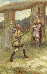 Hodur pegou o visco de Loki, e Loki guiou seu braço, e ele atirou em Baldur, e com um grito agudo, Baldur caiu morto (cromolitho)