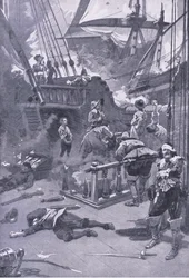 A Batalha de Camperdown 29 a 31 de julho de 1653, ilustração das Batalhas Britânicas na Terra e no Mar, 1915