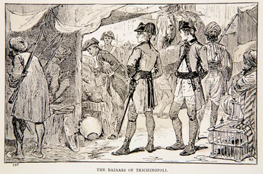 Os bazares de Trichinopoli, uma ilustração de "Com Clive na Índia, ou o começo de um império" por GA Henty, pub. Londres, 1884