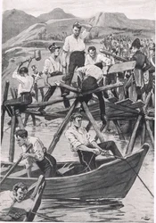 A construção da ponte sobre o Guadiana, a 3 de abril de 1811, ilustração de "Batalhas britânicas na terra e no mar", publicada por Cassell, Londres, c.1910