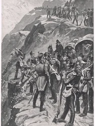O Retiro à Corunha: Arremessando a Prata pela encosta da montanha, ilustração de "Batalhas Britânicas na Terra e no Mar", publicada por Cassell, Londres, c.1910