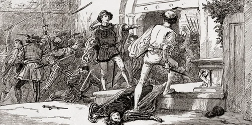 Tybalt morto por Romeo, cena de William Shakespeares Romeu e Julieta, Ato III, Cena 1, de Os Trabalhos de William Shakespeare, publicado em 1896
