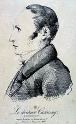Retrato do Dr. Castaing, envenenador. Ele usou sal de morfina, hidrocloreto para matar o seu amigo Hippolyte Ballet em 1823. Foi executado em Paris, em 1824. Litografia de Engelmann a partir de um esboço feito na sessão de 11 de Novembro.