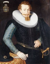 Retrato de um cavalheiro de vinte e cinco anos, de três quartos, com gibão preto de mangas turquesa e douradas e gola de rufos branca, junto de uma mesa coberta por um drapeado