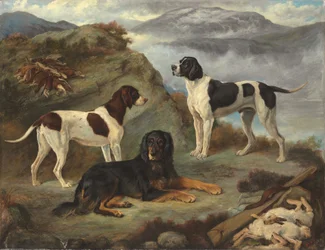 Sherry, Ranger e Glen, três gundogs numa paisagem (óleo sobre tela)