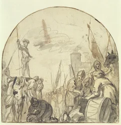 Brinio sendo criado em seu escudo por seus guerreiros (caneta e pincel e tinta sobre lápis sobre papel)