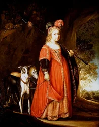 Retrato de uma jovem garota como Diana, em uma clareira com dois galgos
