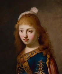 Moça com um vestido azul e capa vermelha (óleo sobre tela)
