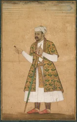 Um cortesão, possivelmente Khan Alam, segurando um espinélio e uma espada Deccan, c. 1605-1610.