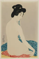 Mulher, após, banho, Taisho, era, julho, 1920, (color, woodblock, print)