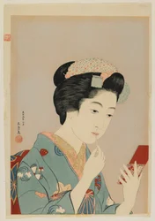 Mulher, aplicando, lábio, rouge, Taisho, era, fevereiro, 1920, (color, woodblock, print)