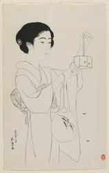 Mulher, segurando, um, Firefly, gaiola, Taisho, era, julho, 1920, (woodblock, print)