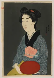 Mulher, segurando, um, bandeja, Taisho, era, janeiro, 1920, (woodblock, impressão cor)