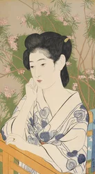 Mulher, em, um, primavera quente, hotel, 1920, (woodblock, print)