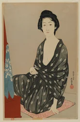 Mulher com vestido de verão, era Taisho, junho de 1920 (impressão em xilogravura colorida)