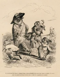 Duas cabrinhas com a irmã mais velha são paradas por uma coruja num campo. Uma raposa de caça está atrás deles. Vinhetas ilustradas por JJ Granville. Gravura assinada Breviere na parte "Histoire d