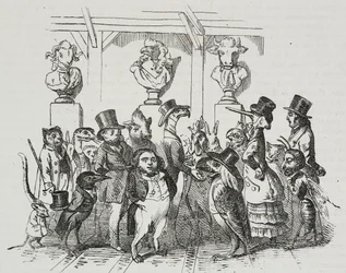 Saída do teatro, caricatura de Jean-Jacques Grandville (1803-1847), litografia de Giovanni Mariani de Poliorama Pittoresco, n 39, 7 de maio