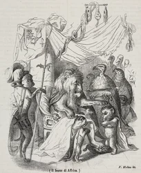 Leão da África, personagem da história do Leão africano e três leões jovens nativos, litografia de Filippo Molino (1804-1856) após desenho de Jean-Jacques Grandville (1803-1847),
