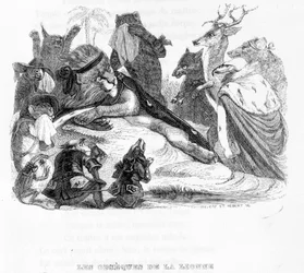 O funeral da leoa - em "Fables de La Fontaine" doente. por Grandville