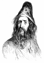 retrato de Robinson Crusoé após 11 anos na sua ilha deserta - ilustração de Grandville para o romance de Daniel De Foe (Defoe) - edição Garnier 1869 p 138.