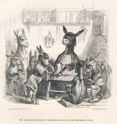 Burros na escola. Vinhetas ilustradas por J. J. Grandville. Gravura assinada por Caque na secção intitulada «Guia do burro para uso dos animais que desejam alcançar honras», escrita por Honoré de Balzac, em «Cenas da vida privada e pública dos animais».