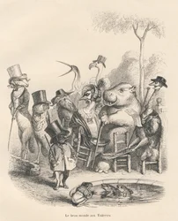 Animais em trajes elegantes caminhando nas Tuileries . Vinhetas ilustradas por JJ Granville . Gravura assinada por Andrew, Best e Leloir na parte "Histoire d