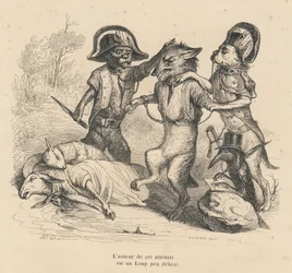 A prisão de um lobo que acabou de matar duas ovelhas. Vinhetas ilustradas por JJ Granville. Gravura assinada por Andrew, Best e Leloir na parte intitulada "Cour criminelle de justice animale", escrita por Emile de La Bedolliere em "Scenes de la vie privee 