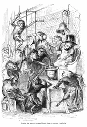 Desenho animado: La Chambre des Deputes vue comme un Palais des Monpes - Gravura de Grandville, extraída do livro "Vida privada e pública dos animais (Les animaux painted pa them memes)", edição Hetzel 1867 p. 566 - Capítulo intitulado "Tábuas da Gira